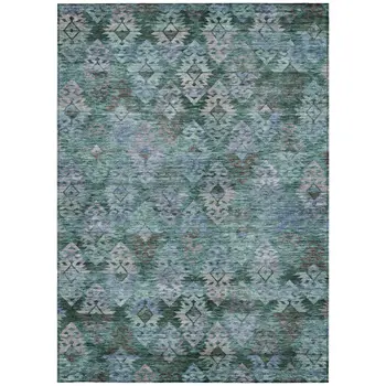 9' X 12' Emerald Green And Gray Aztec Washable Indoor Outdoor Area Rug