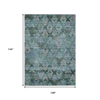 9' X 12' Emerald Green And Gray Aztec Washable Indoor Outdoor Area Rug