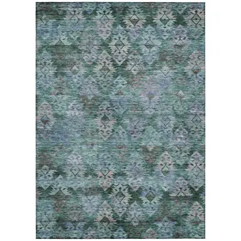 9' X 12' Emerald Green And Gray Aztec Washable Indoor Outdoor Area Rug