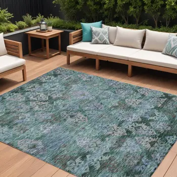 10' X 14' Emerald Green And Gray Aztec Washable Indoor Outdoor Area Rug