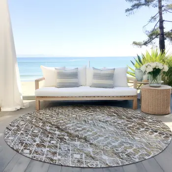 8' Brown And Beige Round Argyle Washable Indoor Outdoor Area Rug
