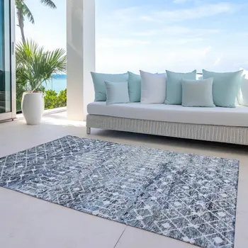 3' X 5' Blue And Silver Argyle Washable Indoor Outdoor Area Rug