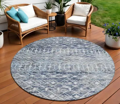 8' Blue And Silver Round Argyle Washable Indoor Outdoor Area Rug