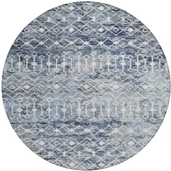 8' Blue And Silver Round Argyle Washable Indoor Outdoor Area Rug