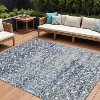8' X 10' Blue And Silver Argyle Washable Indoor Outdoor Area Rug