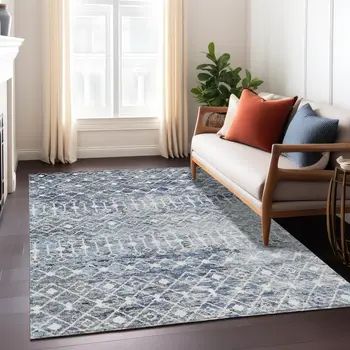 10' X 14' Blue And Silver Argyle Washable Indoor Outdoor Area Rug
