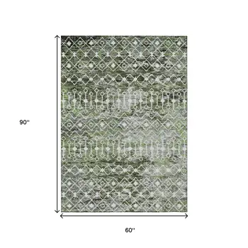 5' X 8' Olive Green And Ivory Argyle Washable Indoor Outdoor Area Rug