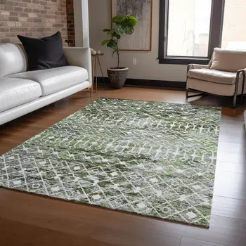 9' X 12' Olive Green And Ivory Argyle Washable Indoor Outdoor Area Rug