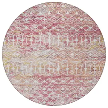 8' Pink And Ivory Round Argyle Washable Indoor Outdoor Area Rug