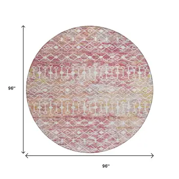8' Pink And Ivory Round Argyle Washable Indoor Outdoor Area Rug
