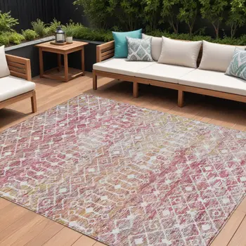 10' X 14' Pink And Ivory Argyle Washable Indoor Outdoor Area Rug
