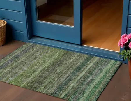 3' X 5' Artichoke Green And Gray Striped Washable Indoor Outdoor Area Rug