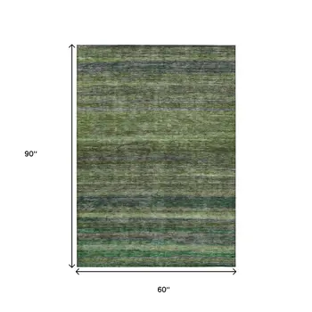 5' X 8' Artichoke Green And Gray Striped Washable Indoor Outdoor Area Rug