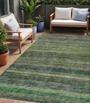 5' X 8' Artichoke Green And Gray Striped Washable Indoor Outdoor Area Rug