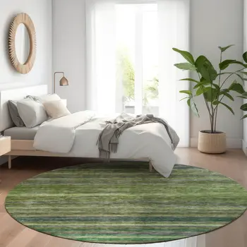 8' Artichoke Green And Gray Round Striped Washable Indoor Outdoor Area Rug