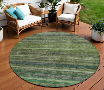 8' Artichoke Green And Gray Round Striped Washable Indoor Outdoor Area Rug