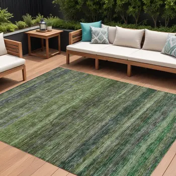8' X 10' Artichoke Green And Gray Striped Washable Indoor Outdoor Area Rug