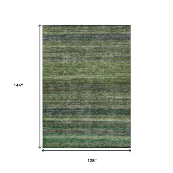 9' X 12' Artichoke Green And Gray Striped Washable Indoor Outdoor Area Rug