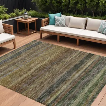 9' X 12' Brown And Gray Striped Washable Indoor Outdoor Area Rug
