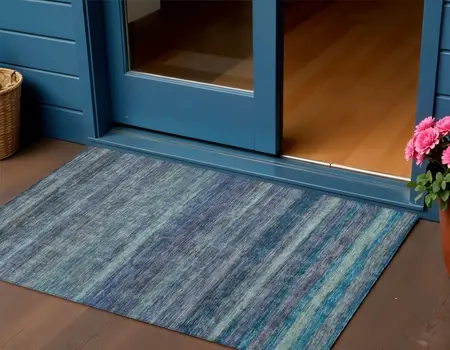 3' X 5' Blue And Gray Striped Washable Indoor Outdoor Area Rug