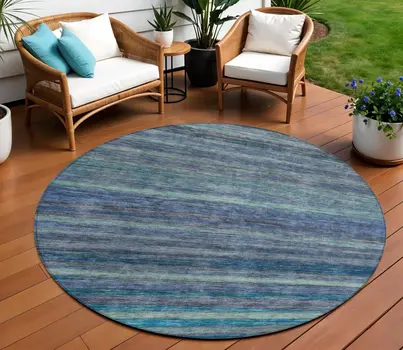 8' Blue And Gray Round Striped Washable Indoor Outdoor Area Rug