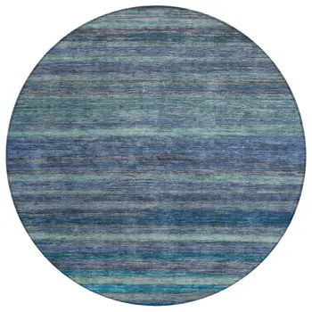 8' Blue And Gray Round Striped Washable Indoor Outdoor Area Rug