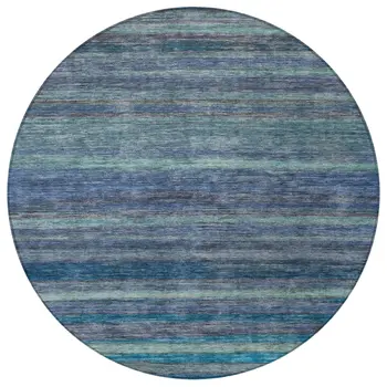 8' Blue And Gray Round Striped Washable Indoor Outdoor Area Rug