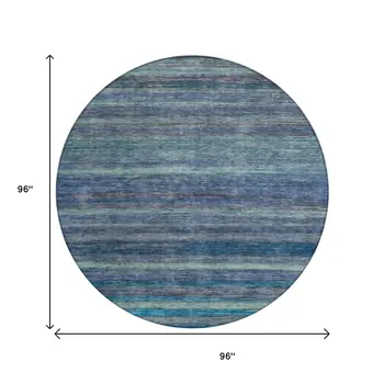 8' Blue And Gray Round Striped Washable Indoor Outdoor Area Rug