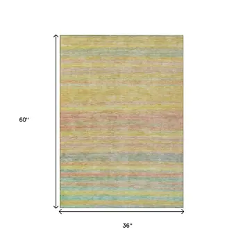 3' X 5' Gold And Blush Striped Washable Indoor Outdoor Area Rug