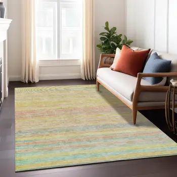 3' X 5' Gold And Blush Striped Washable Indoor Outdoor Area Rug