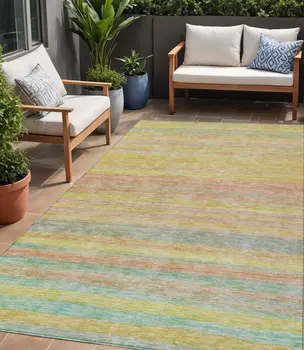 5' X 8' Gold And Blush Striped Washable Indoor Outdoor Area Rug