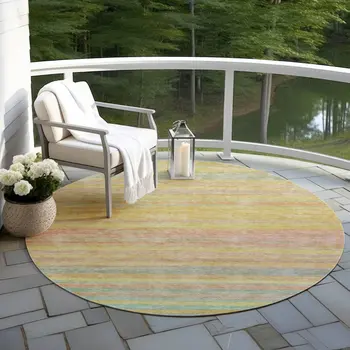 8' Gold And Blush Round Striped Washable Indoor Outdoor Area Rug