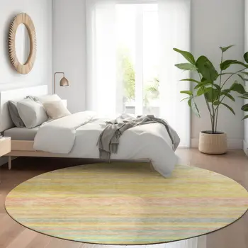 8' Gold And Blush Round Striped Washable Indoor Outdoor Area Rug