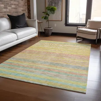 8' X 10' Gold And Blush Striped Washable Indoor Outdoor Area Rug
