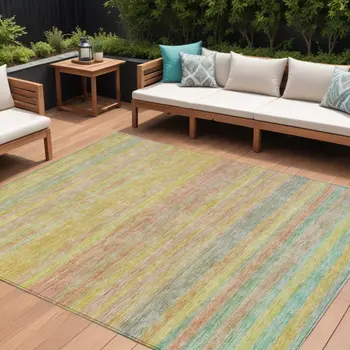 9' X 12' Gold And Blush Striped Washable Indoor Outdoor Area Rug