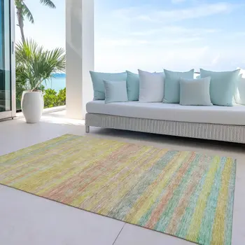 10' X 14' Gold And Blush Striped Washable Indoor Outdoor Area Rug