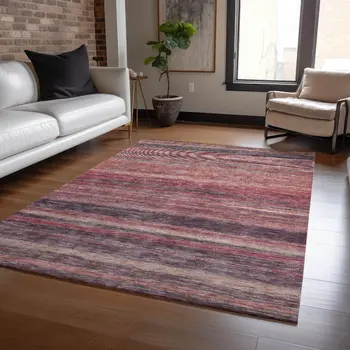 5' X 8' Rust And Blush Striped Washable Indoor Outdoor Area Rug