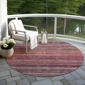 8' Rust And Blush Round Striped Washable Indoor Outdoor Area Rug