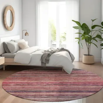 8' Rust And Blush Round Striped Washable Indoor Outdoor Area Rug