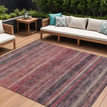 10' X 14' Rust And Blush Striped Washable Indoor Outdoor Area Rug