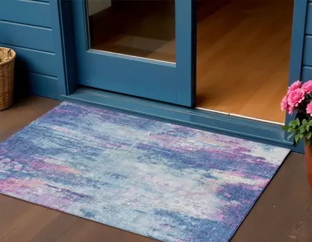 3' X 5' Blue Peach And Sky Blue Abstract Washable Indoor Outdoor Area Rug