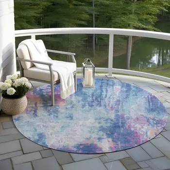 8' Blue Peach And Sky Blue Round Abstract Washable Indoor Outdoor Area Rug