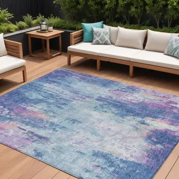 8' X 10' Blue Peach And Sky Blue Abstract Washable Indoor Outdoor Area Rug