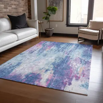 8' X 10' Blue Peach And Sky Blue Abstract Washable Indoor Outdoor Area Rug