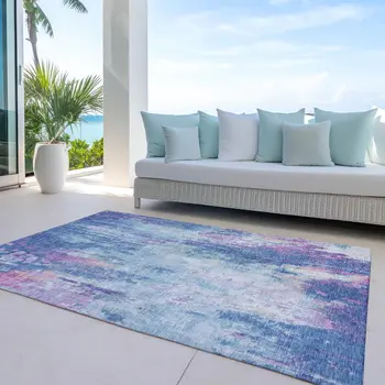 10' X 14' Blue Peach And Sky Blue Abstract Washable Indoor Outdoor Area Rug