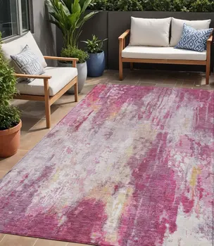 5' X 8' Pink Ivory And Lavender Abstract Washable Indoor Outdoor Area Rug