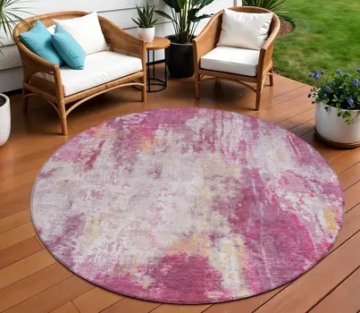 8' Pink Ivory And Lavender Round Abstract Washable Indoor Outdoor Area Rug