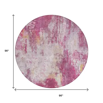 8' Pink Ivory And Lavender Round Abstract Washable Indoor Outdoor Area Rug
