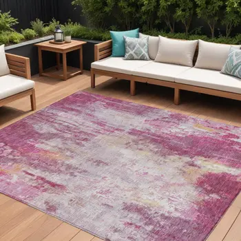 9' X 12' Pink Ivory And Lavender Abstract Washable Indoor Outdoor Area Rug