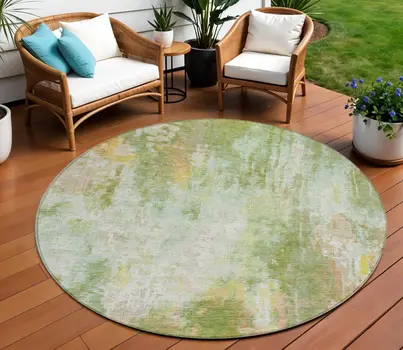 8' Sage Wheat And Ivory Round Abstract Washable Indoor Outdoor Area Rug